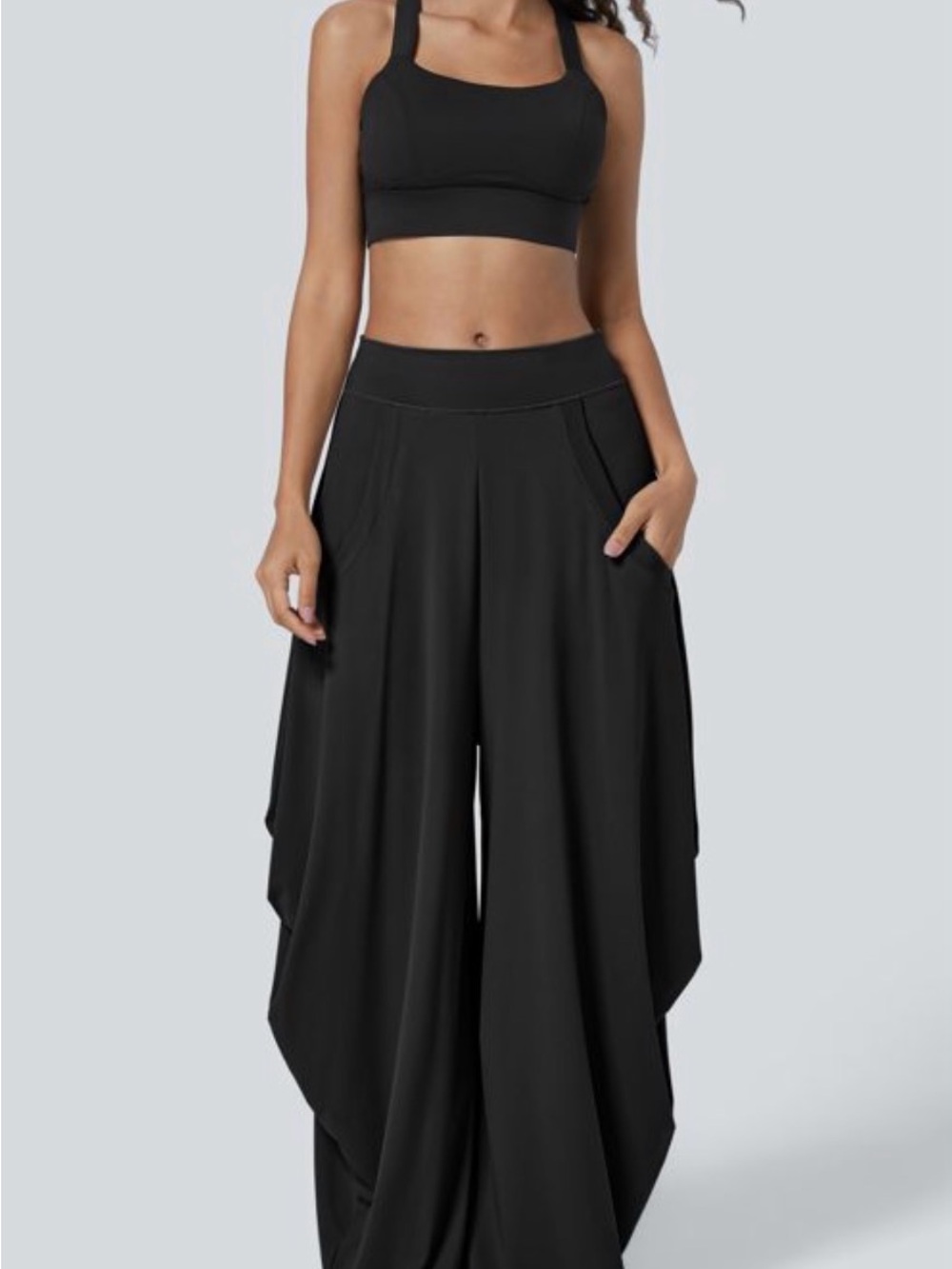 HALARA Black Wide-Leg Draped Palazzo Pants